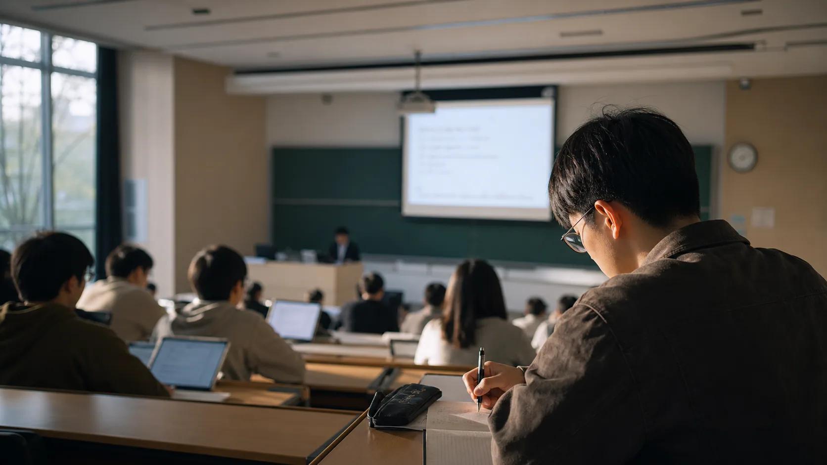 大学生在真实课堂中听课并记录笔记